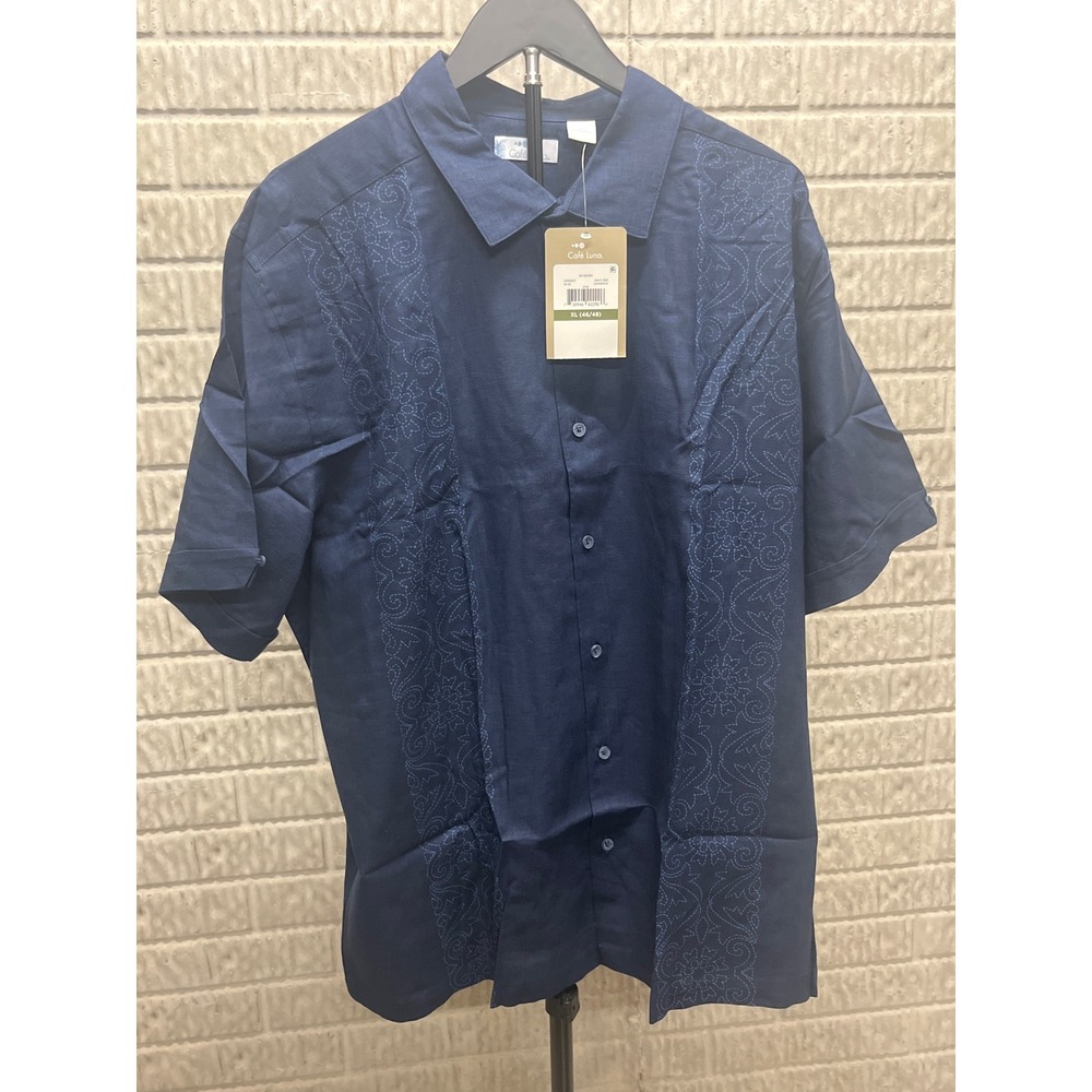Cafe Luna Mens XL Short Sleeve Button Up Shirt Navy Iris Embroidered CAWSF01 NWT